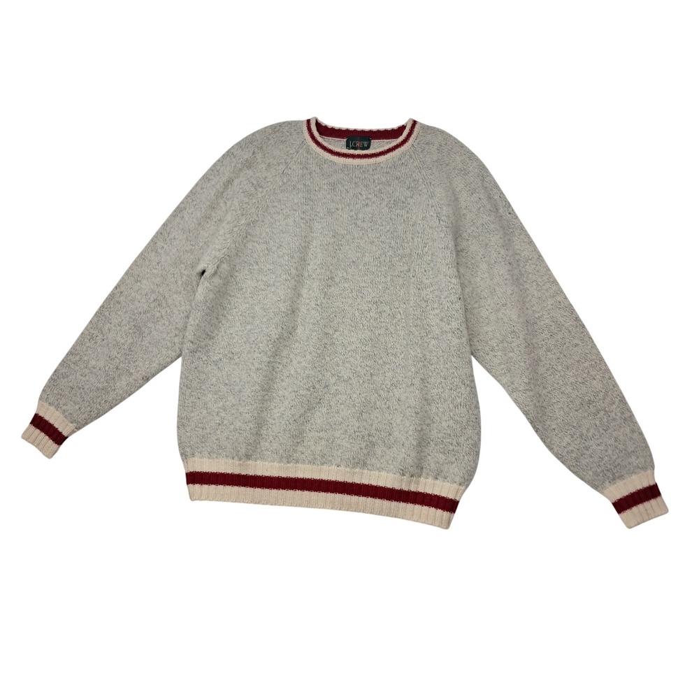 Vintage J. Crew Sweater Mens XL Gray Crewneck Wool Striped Trim Grandpa Heavy